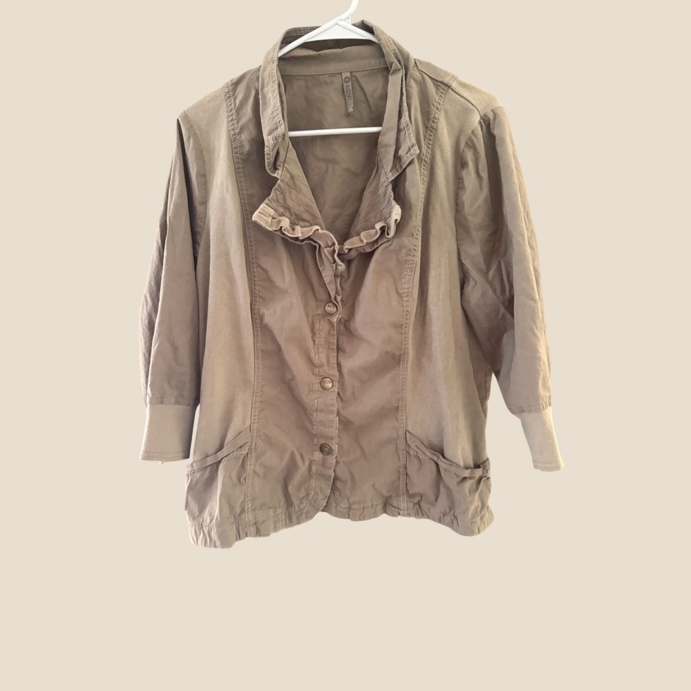 XCVI Womens 2XL Taupe Brown Ruffle Trim Utility Jacket Mixed Media Fall